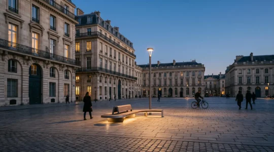 Vue d'ensemble d'une place publique française au crépuscule avec du mobilier urbain intelligent intégré discrètement dans l'architecture