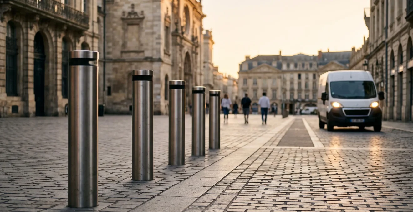Rangée de potelets urbains rétractables en acier délimitant une place piétonne animée au crépuscule, symbolisant la sécurité sans entrave