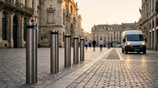 Rangée de potelets urbains rétractables en acier délimitant une place piétonne animée au crépuscule, symbolisant la sécurité sans entrave