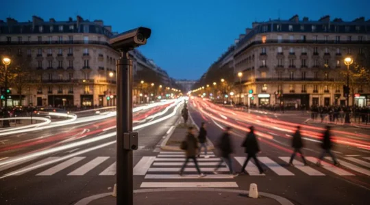 Carrefour urbain au crépuscule avec traînées lumineuses de véhicules illustrant la régulation fluide du trafic