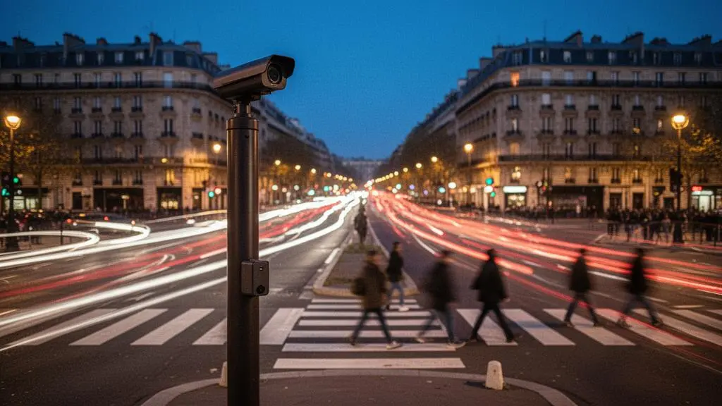 Carrefour urbain au crépuscule avec traînées lumineuses de véhicules illustrant la régulation fluide du trafic