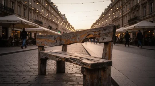 Rue piétonne animée en fin de journée avec terrasses, mobilier urbain et passants de tous âges illustrant la transformation économique et sociale du centre-ville