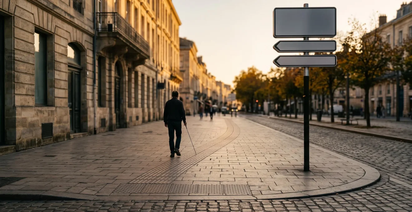 Vue d'ensemble d'une rue urbaine avec bande podotactile menant vers un panneau directionnel contrasté, une personne utilisant une canne blanche s'approchant en fin de journée