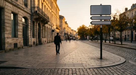 Vue d'ensemble d'une rue urbaine avec bande podotactile menant vers un panneau directionnel contrasté, une personne utilisant une canne blanche s'approchant en fin de journée