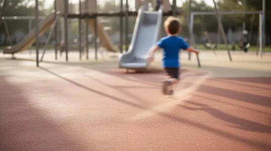 Vue éditoriale d'une aire de jeux avec un revêtement de sol amortissant coloré protégeant un enfant qui joue
