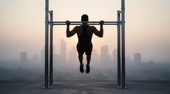 Un sportif urbain s'entraîne seul au lever du jour sur des barres de street workout, guidé par une structure de progression invisible