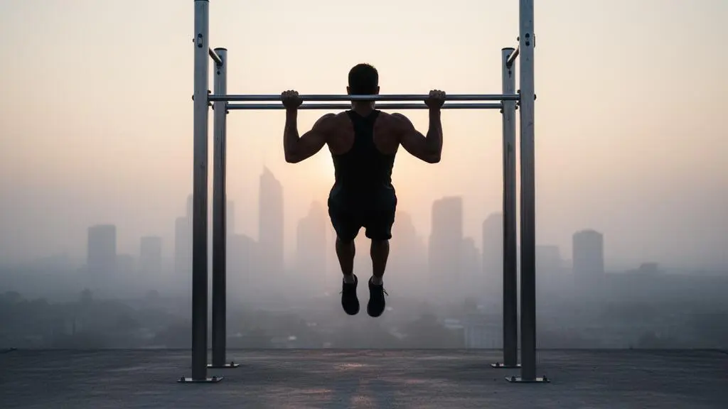Un sportif urbain s'entraîne seul au lever du jour sur des barres de street workout, guidé par une structure de progression invisible