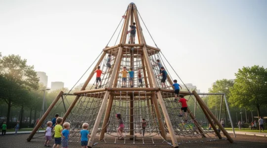 Structure de jeux en bois et corde à plusieurs niveaux où des enfants d'âges différents jouent simultanément dans un parc urbain