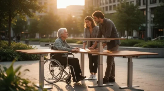 Table à hauteur ajustable installée dans un espace public, utilisée simultanément par des personnes de profils différents