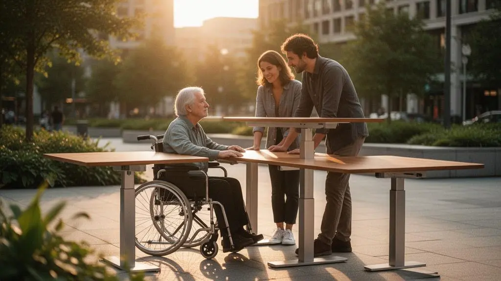 Table à hauteur ajustable installée dans un espace public, utilisée simultanément par des personnes de profils différents