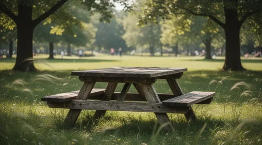 Grande table de pique-nique en bois installée dans un parc public, entourée de verdure, symbolisant la convivialité partagée