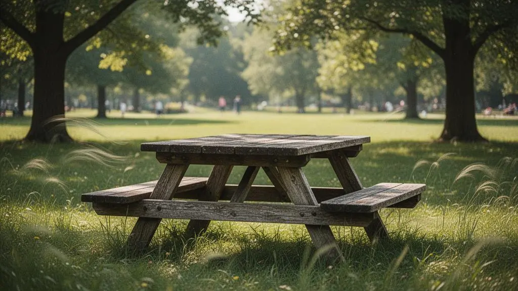Grande table de pique-nique en bois installée dans un parc public, entourée de verdure, symbolisant la convivialité partagée
