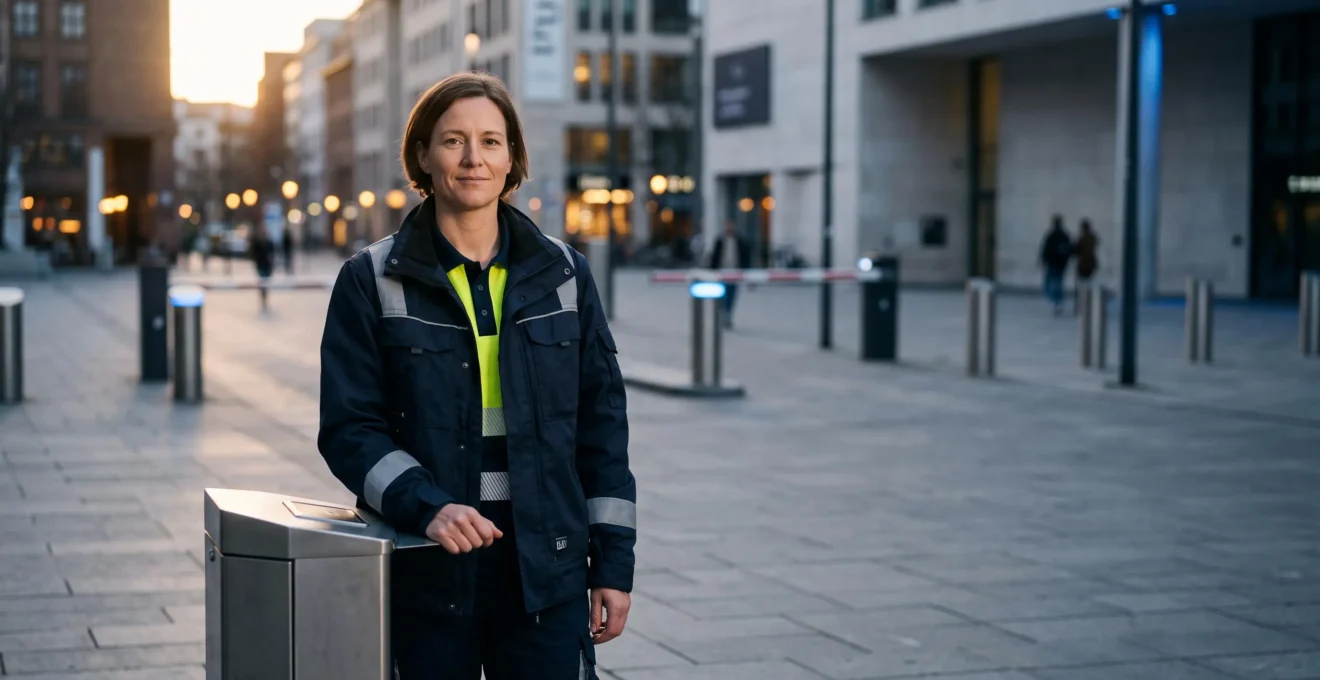 Technicien municipal supervisant a distance des equipements urbains connectes au crepuscule
