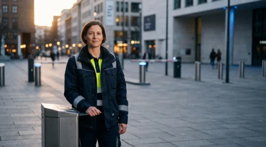 Technicien municipal supervisant a distance des equipements urbains connectes au crepuscule