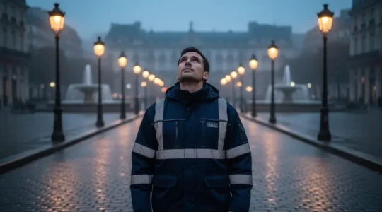 Technicien municipal observant le réseau d'éclairage et de mobilier urbain connecté d'une ville au crépuscule