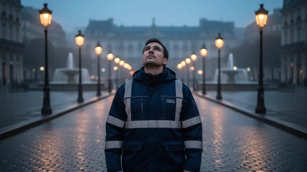 Technicien municipal observant le réseau d'éclairage et de mobilier urbain connecté d'une ville au crépuscule