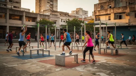 Vue large d'un espace public urbain transformé en terrain de sport en libre accès, avec des habitants de tous âges en train de s'exercer au coucher du soleil