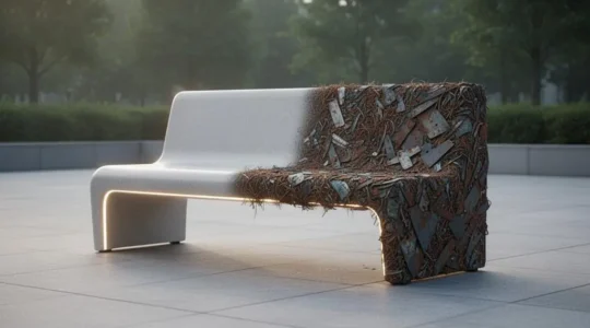 Banc public au design épuré fabriqué en matériaux recyclés, installé dans un espace urbain lumineux