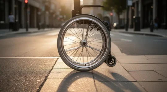 Rue piétonne urbaine avec cheminement accessible et continu pour une personne à mobilité réduite