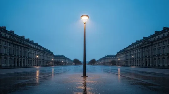 Vue panoramique nocturne d'une avenue éclairée par des lampadaires LED connectés, symbole de sobriété énergétique urbaine