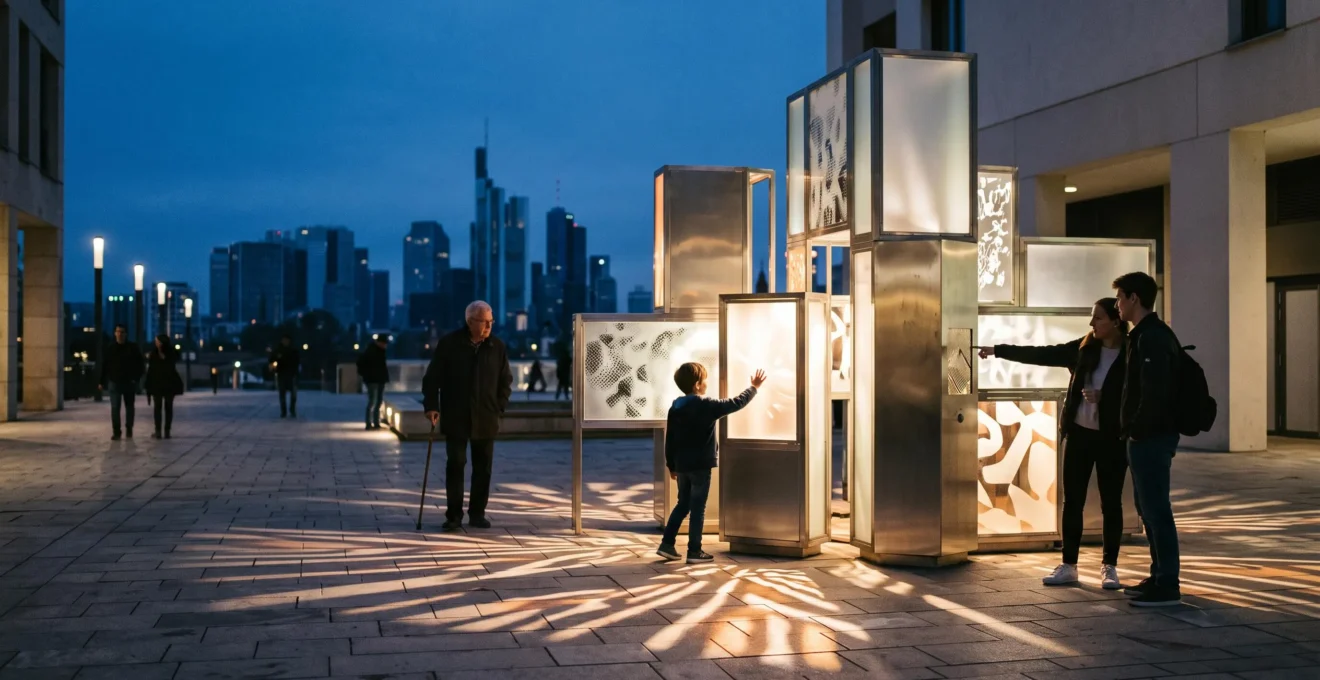 Installation urbaine interactive en fin de journée, entourée de passants intrigués par ses jeux de lumière