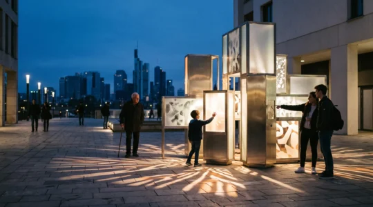 Installation urbaine interactive en fin de journée, entourée de passants intrigués par ses jeux de lumière